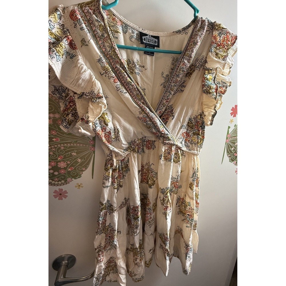 Angie Floral‎ Boho Mini Dress Size Small V Neck Ruffle Sleeve Tiered